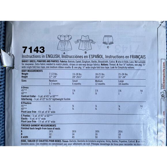 Simplicity 7143 Sewing pattern Baby dress jumper bloomers puff sleeve size NB-L - Picture 4 of 5